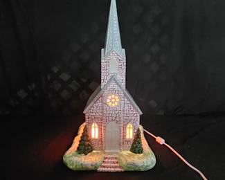 Vintage Lighted Ceramic Chapel Music Box w/ Base