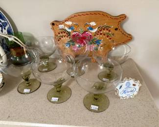 Hand Painted Wooden Pig, Glass Sets