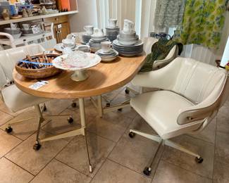 Dining Room Table w/ Four White Chairs, Wooden Serving Utensils