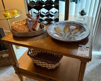 Lane Burl Wood Side Table, 70's Wheat Ceramic Wall Plate, Baskets, Wine Bottle Holder