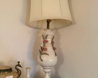 Rose Ceramic Table Lamp, Cloisonne Enamel Peacock