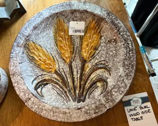 Lane Burl Wood Side Table, 70's Wheat Ceramic Wall Plate
