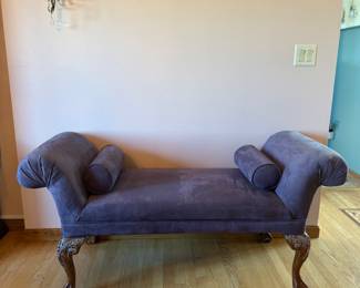Vintage entrance bench with Amethyst colored fabric (lovely)! 