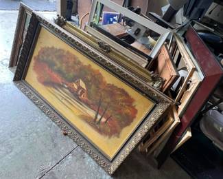 Collection of vintage framed art and mirrors, including a large landscape painting with ornate gold frame. Some frames as old as 1800s.
Varied sizes and styles, some with decorative moldings.