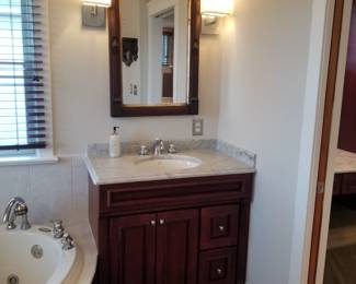 Bath vanity; antique vanity mirror; vanity lights