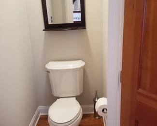 Kohler commode; mirrored wall shelf