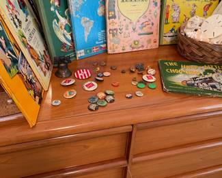 Antique and vintage books and pins