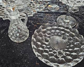 Fostoria Glass Cruet, "American" Pattern & Fostoria 3-Footed Tidbit Dish in the "American" Pattern