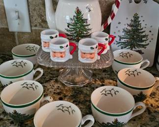 Spode Christmas Tree 32oz Teapot - Earthenware, Festive Holiday Serveware With Peppermint Motif, Miniature Santa Mugs 2" Tall & Spode Christmas Tree Teacup Tea Cup S3324 P England 2-1/2 inches tall