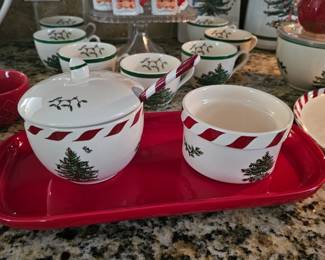 Spode Christmas Tree Peppermint Covered Bowl Jar with Spoon & Bowl