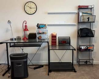 Glass And Metal Desk, Side Table, 4 Tier Metal Storage Baskets, Shredder, Office Supplies, 2 Lamps