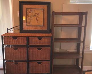 Bakers Rack, Metal Rack With Basket Drawers, Framed And Matted Chinese Blossoms