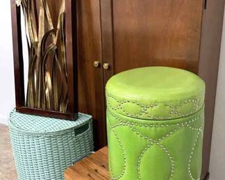 Wood Storage Cabinet, Metal Wall Art, Wicker Hamper,Green Studded Storage Ottoman, Bench