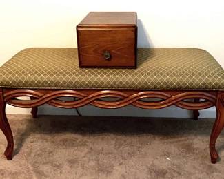Upholstered Bench, Wood With Green Diamond Pattern Fabric Separate Wooden Storage Box