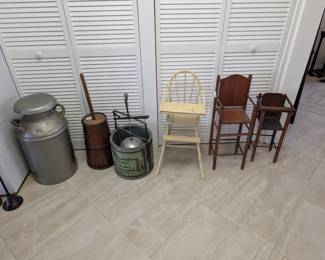 Antique Butter Churner, Play High chairs, etc.