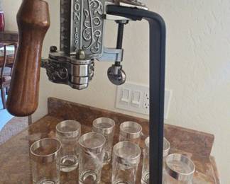 SF148VChampion 1897 Countertop Wine Opener and Corker with Silver Rimmed Tumblers