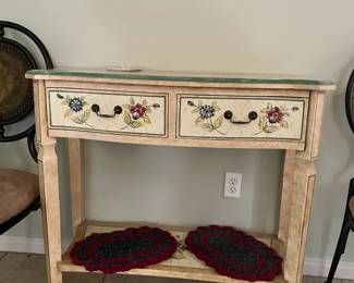 Accent table and mirror set - 2 drawers, cream floral pattern wall accent table and cream round mirror