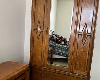 Antique Armoire with Mirror – Beautiful wood grain, diamond inlay detailing.