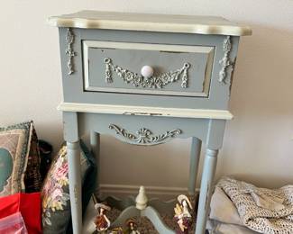 Antique Vanity/Side Table – Painted sage with floral appliqué, shabby chic style.