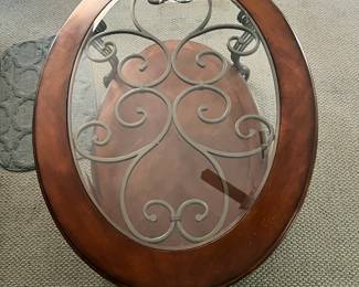 Glass & Iron Oval Coffee Table – Wood edge, scroll iron under-glass design.