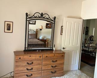 Dresser and Mirror - Large wooden and iron mirror casing and 8 drawer dresser