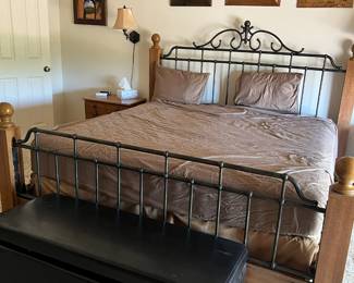 King size bed - Iron and wood post bed frame, mattress and box springs