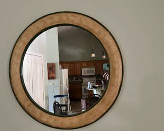 Accent table and mirror set - 2 drawers, cream floral pattern wall accent table and cream round mirror