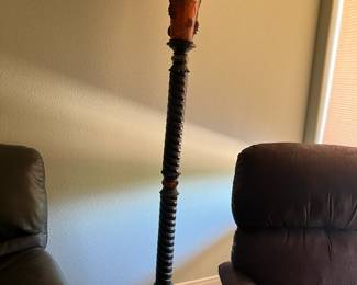 Torchiere Floor Lamp – Bronze and amber glass with pinecone