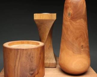 Carved Mango Wood Vase & Candle Holders (3)