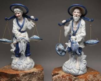 Vintage Chinese Fisherman Figurine Pair