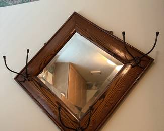 Oak Square Framed Mirror with Hat Rack