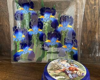Fused Glass Blue Iris Decorative Plate, FBS Germany Blue Romantic Scene Hinged Trinket Box