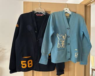 Black & Yellow Letterman Cardigan Sweater, Skookum Sport Wear Baby Blue Letterman Cardigan Sweater