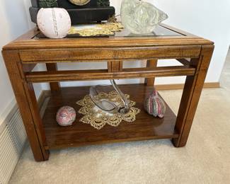 Mid Century Oak Glass Top Side Table with Bottom Shelf