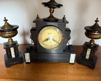 Syroco Black Mantel Clock with Matching Garnitures