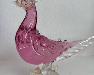 Hand-Blown Pink & Clear Art Glass Pheasant Figurine – Likely Murano