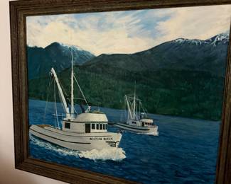 Framed Painting of Fishing Boats by Michael Burke