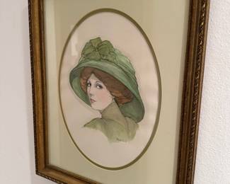 Framed & Matted Art Deco Portrait of Lady by Breazeale