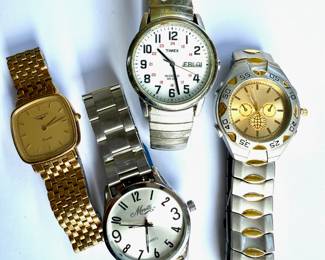 Longines Gold Plated Stainless Steel Wristwatch, Moretti Stainless Steel Wristwatch, Timex Indiglo White Face Water Resistant Stainless Steel Wristwatch, Men's Gold/Silver Tone Stainless Steel Wristwatch