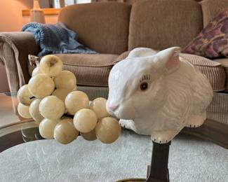 Carved Alabaster Grape Cluster, Ceramic Bunny Figurine