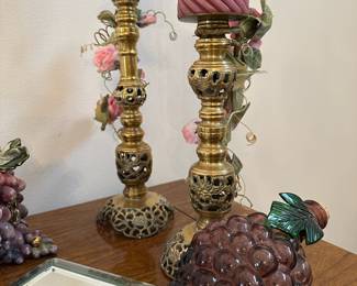 Glass Grape Cluster Shaped Decanter, Pair of Ornate Brass Filigree Candle Holders