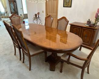Stanley French Provincial Style Dining Table with 6 Cane Back Dining Chairs