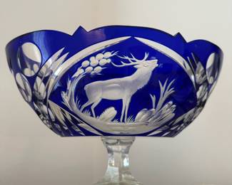 Cobalt Blue Cut to Clear Glass Candy Dish with Deer Motif