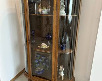 Curved Oak Curio Cabinet with Mirrored Top