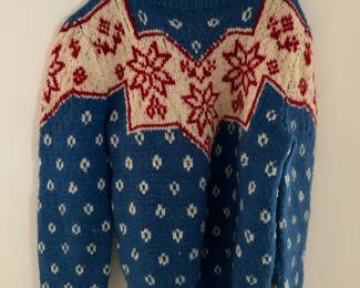 Vintage Hand-Knit Nordic Style Sweater with Red, White & Blue Snowflake Pattern