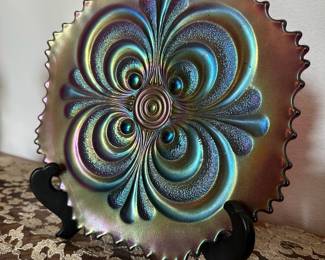 Scroll Embossed Carnival Glass Plate