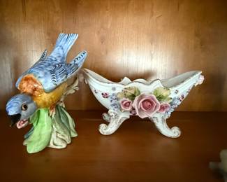 Stangl Pottery Western Bluebird Figurine, Lefton China Hand Painted Footed Bowl with Pink Roses