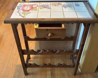 Wood Wine Rack & Counter with Grape Design Tile Top