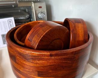 Mid Century Segmented Wood Mixing Bowl with Salad Bowls