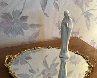 French Louis XV Style Gold Gilt Mirrored Vanity Tray, Sacrart Hummel Porcelain Virgin Mary Figurine